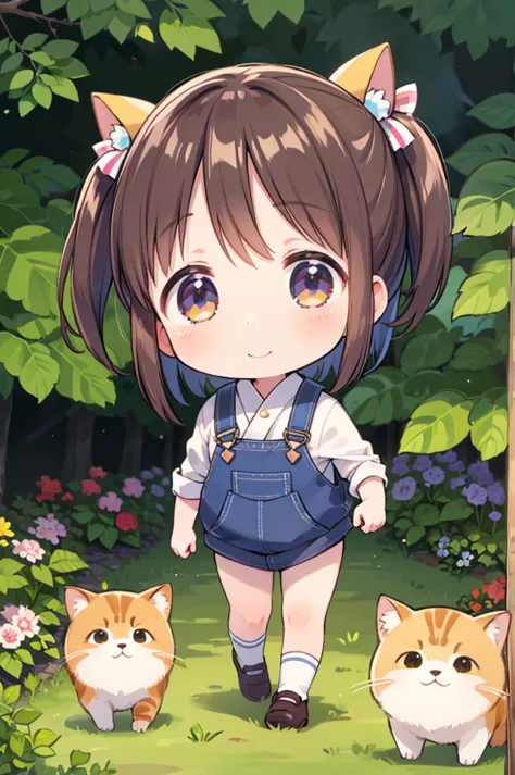 (masterpiece, ultra-detailed, best quality, clear focus, dramatic scene), shadow, (ultra-high resolution, 8k), perfect anatomy, perfect face, (detailed face, detailed eye, solo), 1 cute Japanese girl, very beautiful and cute face, dynamic angle, She is wearing a cute coveralls, (she is walking in the flower garden with very cute giant fat cat), smile, full body