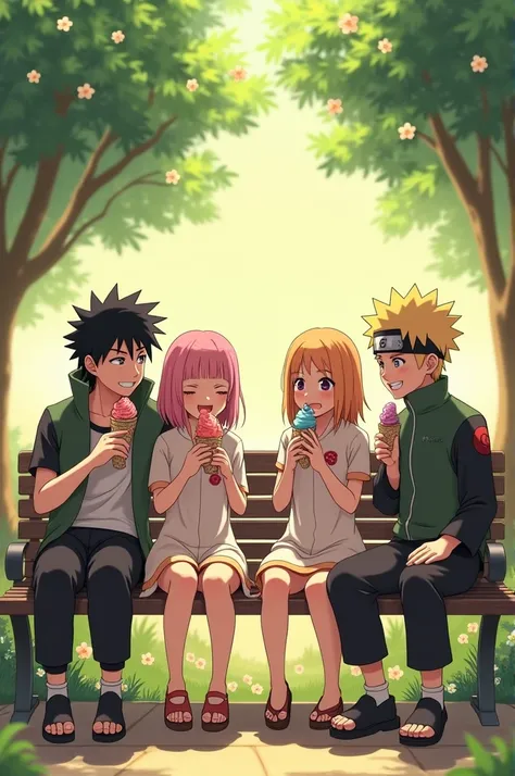 Sasuke Uchiha,Sakura haruno,Naruto Uzumaki and Hinata Hyuga eating ice cream together