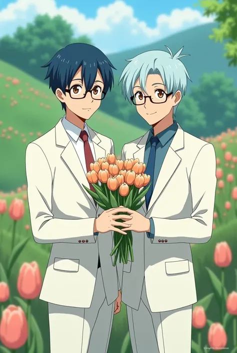  Create a gibli studio-type image of two men in white suits ,  one with navy blue hair and the other with light blue hair and holding a bouquet of tulips in their hand, both wearing glasses and brown eyes 