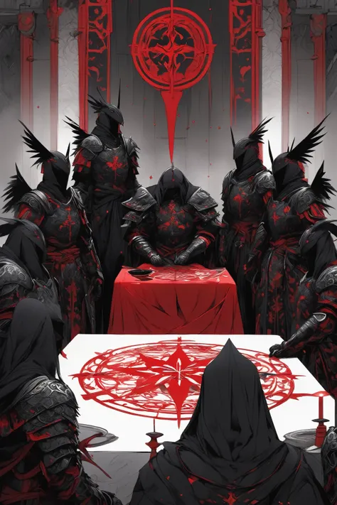 Prompt: "A group of imposing, faceless winged beings sits around a grand, ancient stone table. Each figure is clad in dark, intricately designed armor, their hoods casting shadows over empty voids where faces should be. Their powerful wings—either shadowy ...