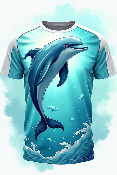 Please help me by creating a design for a sports t-shirt that contains a combination of turquoise and white colors that contains an animated artistic dolphin the sports t-shirt that is round neck
