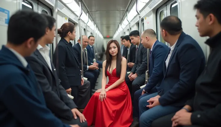 A stunningly beautiful giantess kneels gracefully in a modern Korean subway car, her head nearly touching the ceiling. Her face is absolutely mesmerizing - with delicate features like a Korean beauty idol, including large sparkling eyes, a small refined no...