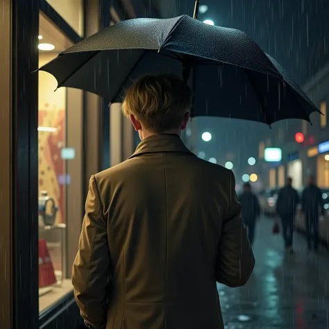 a man with an umbrella while its raining at night in front of a shopping window, he is looking at the viewer, only street light is providing light. His back is visible while he is turning his head towards the window mysteriosly, the atmosphere is dark. The...