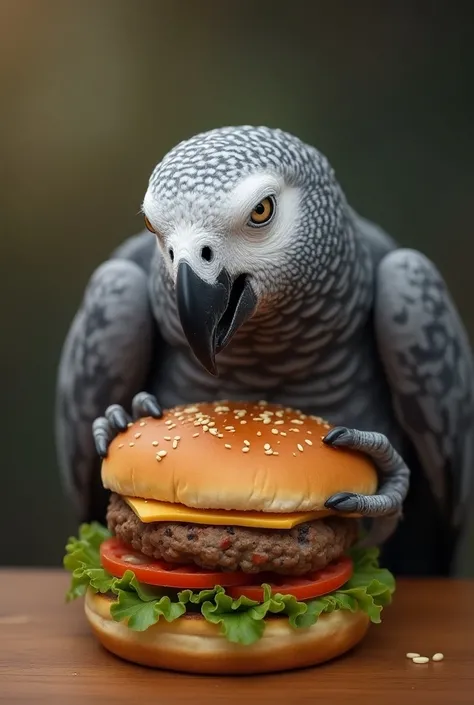 African grey parrot eating burgers