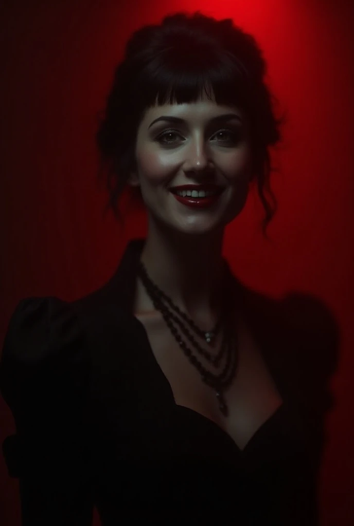  Mysterious shadow on a dark background , Of an elegant woman Vampire appears with vampire teeth, reddish atmosphere , and the woman is smiling. 
