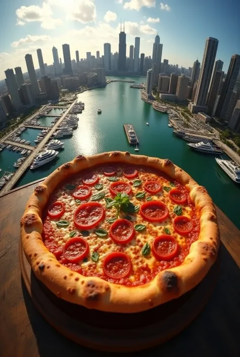 Downtown Marina City with a chicago style deep dish pizza seen from above in fisheye perspective