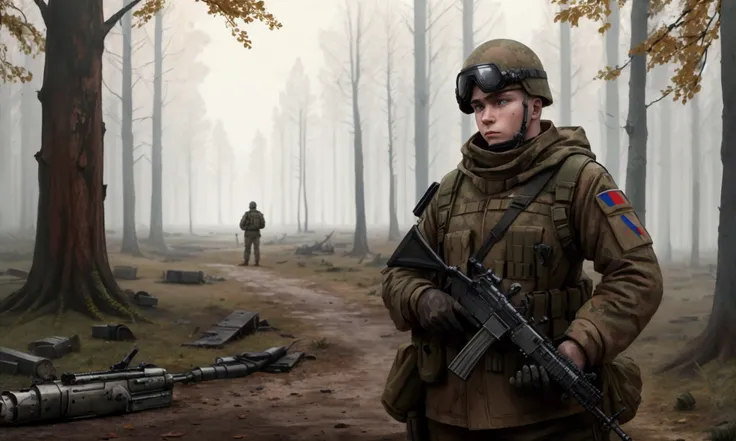 A Russian soldier alone with an m4-a1 in his hand in a post-apocalyptic world in the forest in the autumn season