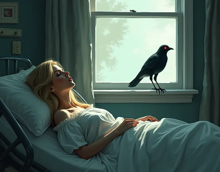  beautiful woman with blond hair , LYING IN A HOSPITAL BED, In the bedroom window a bird with red eyes peeks out watching her 