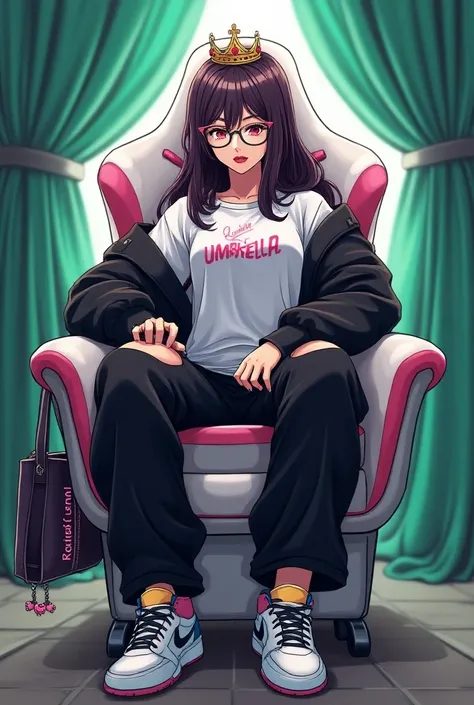 make me a beautiful 2D anime woman, long hair, sharp chin with details, sexy red lips with details, glasses, wearing a white oversized t-shirt with the words QUEEN Umbrella on the design, wearing a black hoodie, black trousers with a hole design, wearing a...