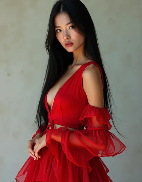 a woman in a red top and a long skirt standing in front of a wall, a picture inspired by Gao Cen, trending on cg society, op art, assymetrical, post modernist layering, flowing shimmering fabrics, zaha hadi, multilayered outfit, very geometrical, dressed i...