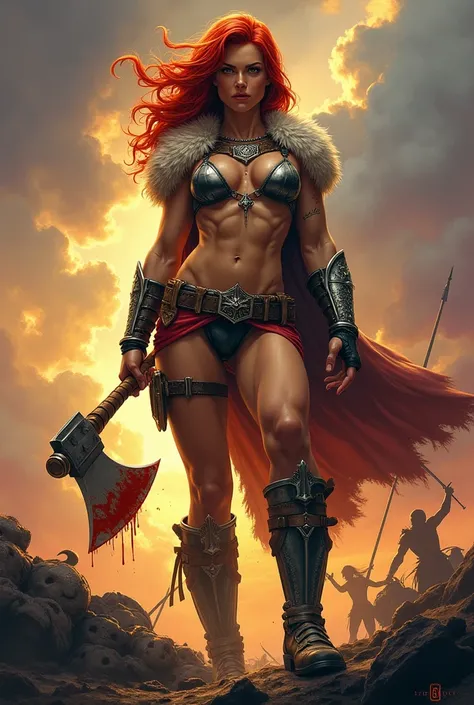  seen from the bottom, tall athletic muscular woman , " Detailed heroic fantasy illustration of a warrior with intense red hair , with a fierce and determined expression.  She is in a battle scene ,  holding a bloody sword and an axe in the other hand ,  s...