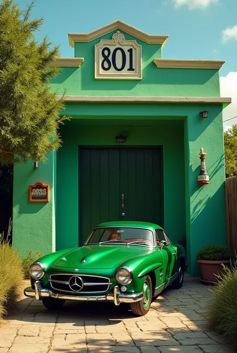 Cinematic frame of a green house , that has a house number whose number is 801 that is seen in large on the door of the house , that has cats,  have a Peruvian flag  , Have Whiskey containers ,  and has a green Mercedes car that looks good at the Mercedes ...