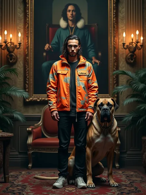 “A gritty, highly detailed streetwear art portrait inspired by cyberpunk style. A man in a bright camo Gallery Department jacket stands in an opulent, classical room. Instead of a Nike logo, his jacket features the Gallery Department logo, and he is surrou...