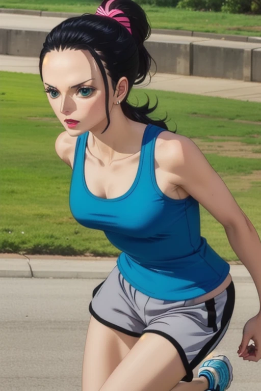 woman, nico robin,  large black straight hair, blue eyes, small lips, small nose, peitos grandes, thin waist,  black tank top from Adidas, gray running pants , park, going,  pink running shoes Adidas 