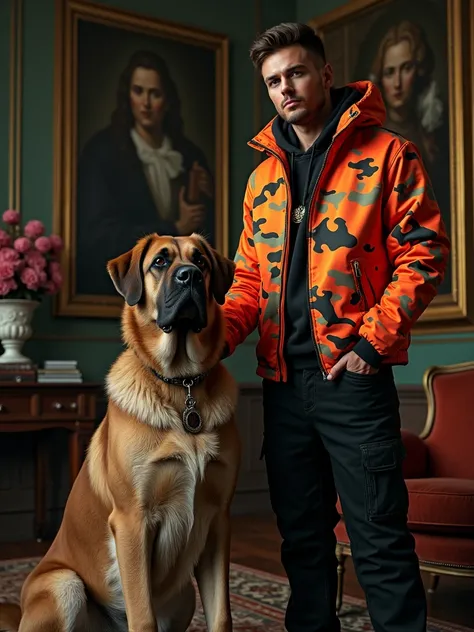 a man in a bright camo gallery department jacket, a grand mastiff beside him, classical room with renaissance-style art and opulent decor, intense shadows and intricate textures, blending modern streetwear with historical and cyberpunk aesthetics, (best qu...