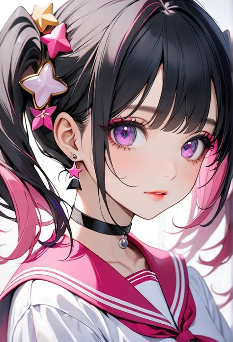 Upper body close-up（((masterpiece), on)"With her short black hair and beautiful eyes, she wears a traditional Japanese "(1girl, black hair, pink nails, hair ornament, twintails, sailor collar, star (symbol), , star hair ornament, solo, choker, scrunchie, n...