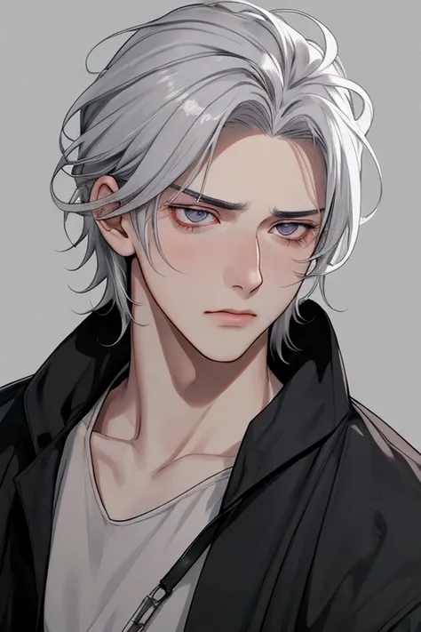 The character is a young man in his twenties, with no visible eyebrows, which adds to his impassiveness and makes his emotions difficult to read. He has gray-silver hair that is tousled and spiky, typical of characters from manga/anime, complementing his c...