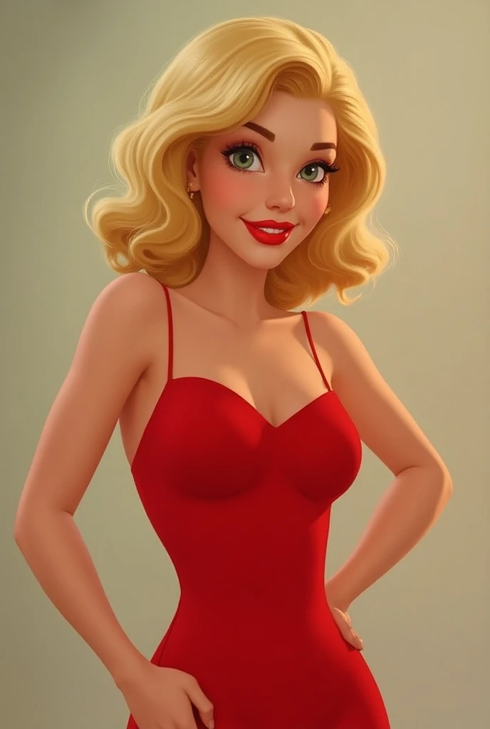 "Create a hyper-realistic image of a woman inspired by Yayita from Condorito, standing confidently in a flirty and stylish pose. She has wavy, shoulder-length blonde hair styled in a loose and voluminous look, with large, expressive eyes and long lashes. H...