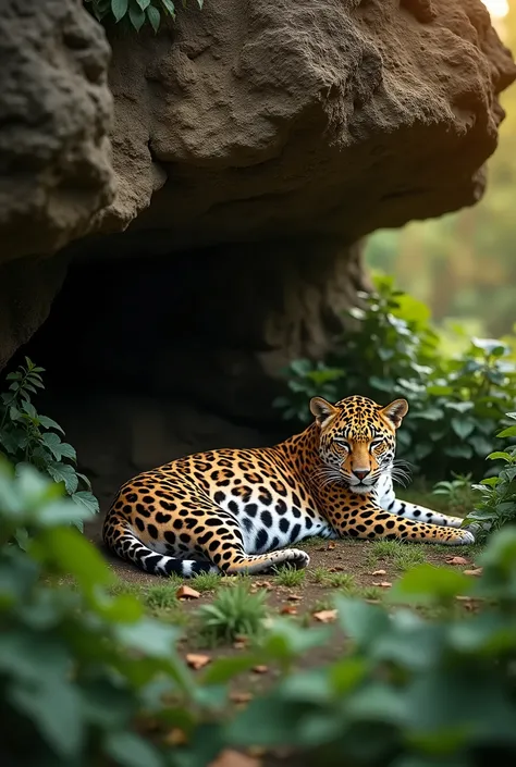 Wildlife photography taken with a Nikon Z 6II camera with a Nikon NIKKOR Z 400mm f/2.8 TC VR S lens, rare shot of Javan leopard is Was sleep under a large rock cliff in the lush rainforest of Java Island as the sun begins to set, ((full body)), 35 mm. , f/...