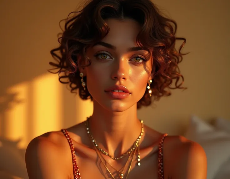 a girl with short light brown curly hair, two golden earrings, three necklaces, wearing a gray top and brown shorts, slightly muscular, long white nails, detailed face, high quality, realistic, photorealistic, fine art portrait, warm lighting, glowing skin...