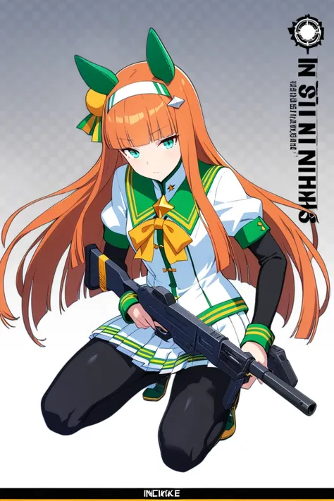 1girl,incrsnikkeprofile,full body,holding weapon,holding gun,one knee,silence suzuka, \(umamusume\),shobu_fuku,