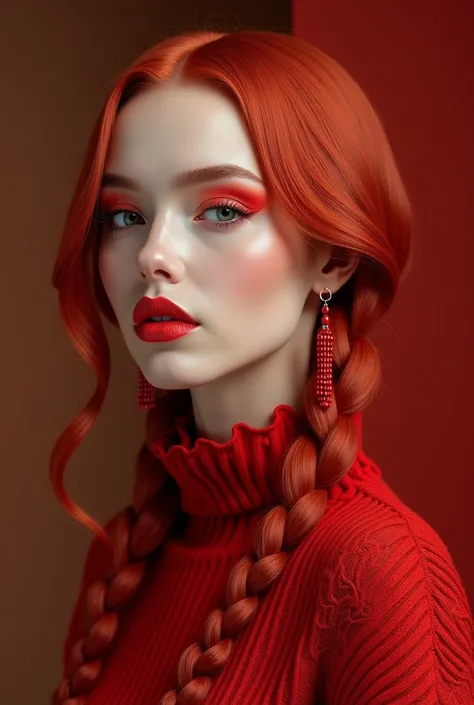 Create a highly stylized, ultra-detailed portrait of a striking woman with bold, vibrant red hair styled in thick, textured braids that flow outwards, almost defying gravity. Her face is flawlessly smooth with a porcelain-like finish, set against the brigh...