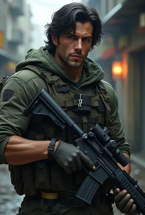 tactical mission soldier. 30-year-old man, fair skin, calm facial expression, medium-length wavy black hair, defined physique. Real life style