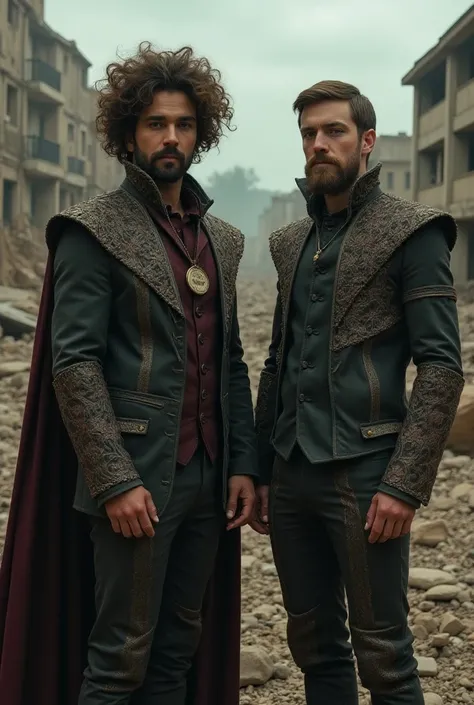 8k quality artwork, two men, one with curly hair and one with short hair dressed in costumes in the background of a post-apocalyptic landscape