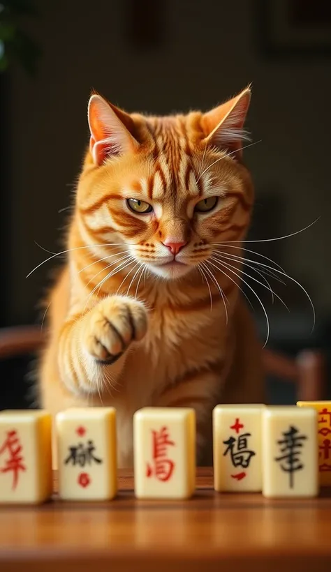 A hyper-realistic photograph of an orange tabby cat engaged in a game of Mahjong, seated in front of a neat row of Mahjong tiles standing upright with their blank backs facing outward. The cat’s expression is focused and slightly mischievous, as if plannin...