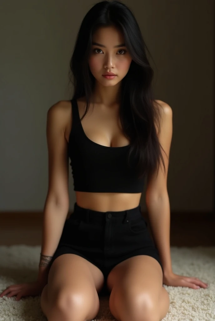  20-year-old woman with long dark straight hair , shorts and black sleeveless t-shirt  ,  sitting on the carpet with a lot of sensuality