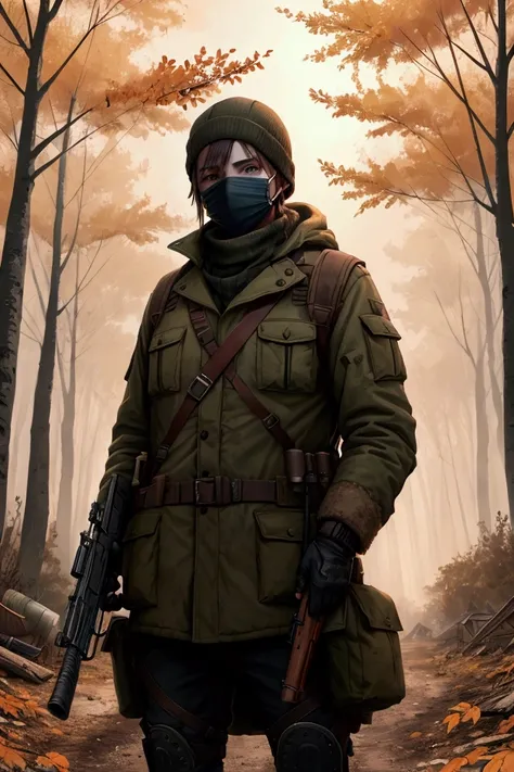 A young civilian wearing a mask in a post-apocalypse world with a rifle in his hands, Inside a Russian village in the forest in the autumn season