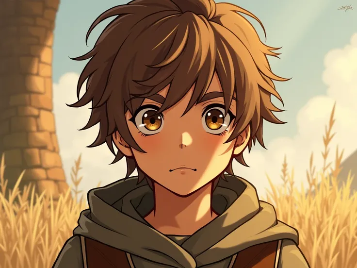 Davi: 16-year-old shepherd ,  messy light brown hair , brown bright eyes,  expression of courage and faith . He is simple, without armor,  and his strength comes from his unwavering faith in God.