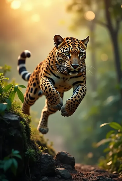 Wildlife photography taken with a Nikon Z 6II camera with a Nikon NIKKOR Z 400mm f/2.8 TC VR S lens, rare shot of Javan leopard is Jumping from a rocky cliff in the lush rainforest of Java Island as the sun begins to set, ((full body)), 35 mm. , f/3, 1/25 ...