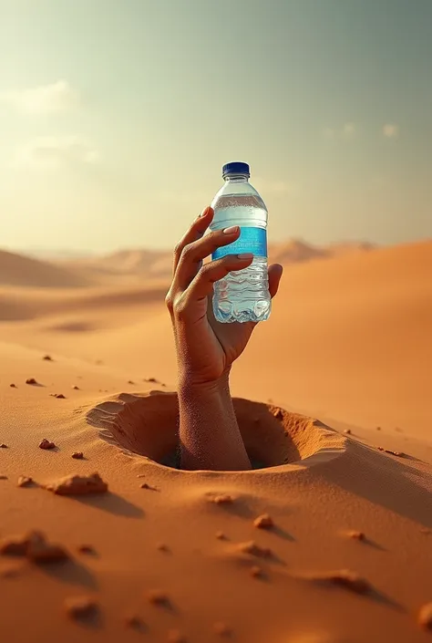 (photorealism:1.2), Create an advertising graphic, where you can see a buried hand, trying to get out of the sandy ground to grab a bottle of water, and into the desert.