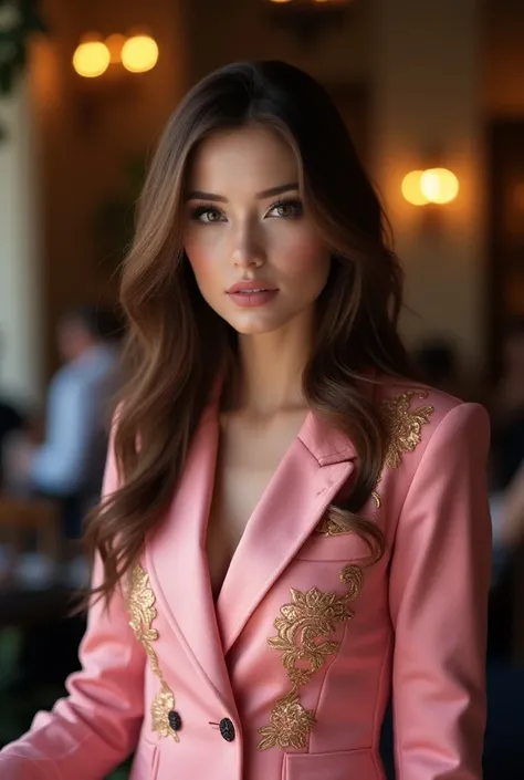  high-quality 8k resolution masterpiece :這款 charming高級餐廳, front photo ,A beautiful woman wearing a , handsome pink bullfighting jackets and inlays ，Wearing a full collection of ,Her long ,[wave, with brown hair below waist , charming, elegant lashes contra...