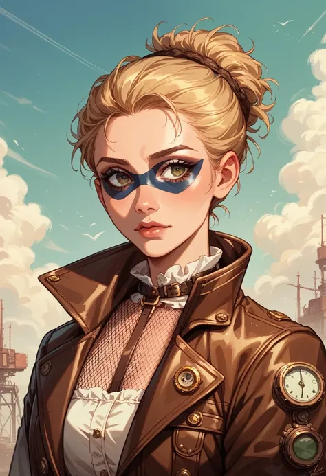 A sexy ((steampunk girl)), blond fringe ponytail hairstyle, brown leather jacket, fishnets, ((elaborate hairstyle)), pilot glaces, ((intricate detailed face))