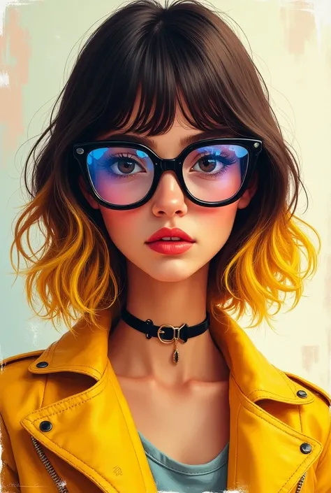  Create a Funky art style image of a brunette girl with lenses , shoulder-length hair dyed blonde ,  the image is made according to the proportions that Instagram asks for for a profile photo 