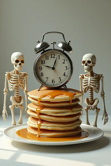 Make a realistic image of a clock ringing on top of pancakes and a skeleton