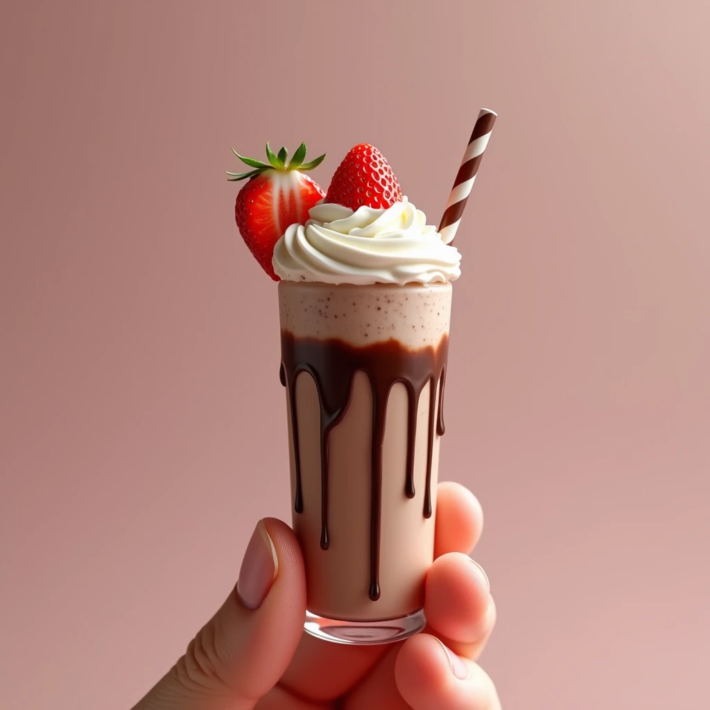 detailed miniature chocolate strawberry milkshake on fingertips,extremely detailed, photorealistic, 8k, hyperrealistic, high quality, glossy, realistic food photography, natural lighting, soft colors, detailed texture, delicate, detailed chocolate drips, d...