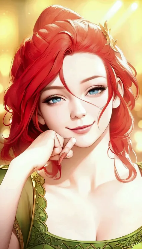 image of a woman with red hair and blue eyes, beautiful princes, delicate princes, orange - haired woman, , beautiful portrait of woman, roguish smirk, (winking), red haired goddess, green dress, HD, HDR, REALISTIC, 4K, 8K, detailed fingers