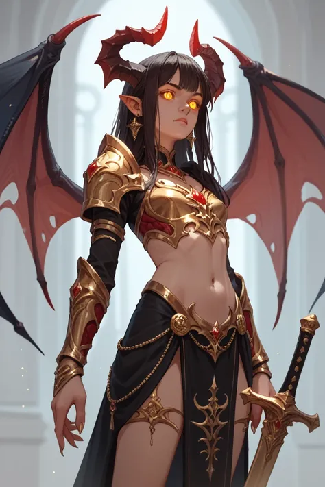 A very powerful demon girl, skinny, glowing eyes. 
Demon Wings
 Horns of the Demon Gold 
Gold ornaments 
Black clothing with red details 
light armor with gold details 
 a black sword with red and gold details 