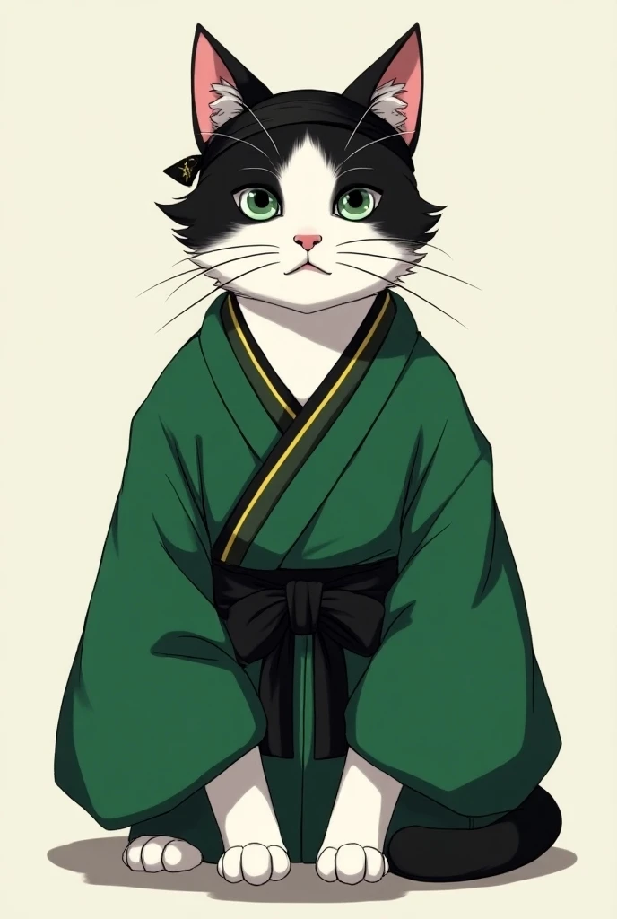 Black and white cat wearing green and black Tanjiro Kamado clothing