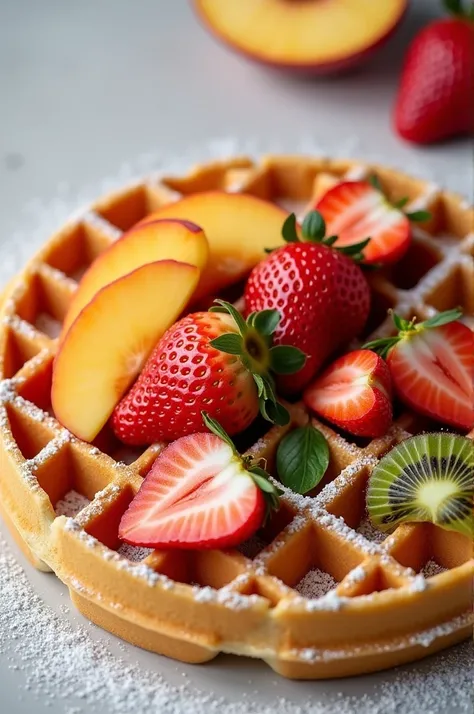  Waffle with strawberry slices,  Peach and kiwi , tender image