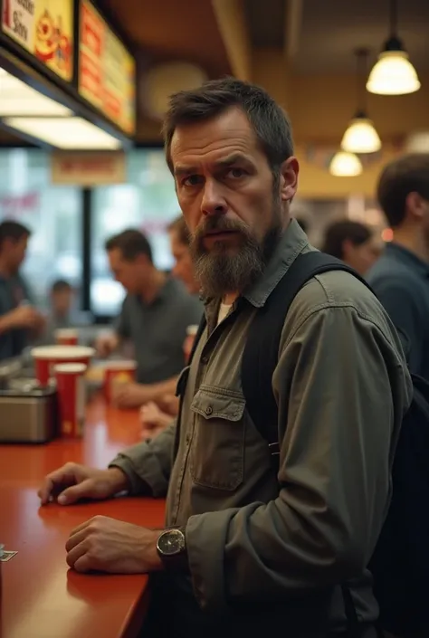 A man wating desperate for his meal at a fast food restaurant