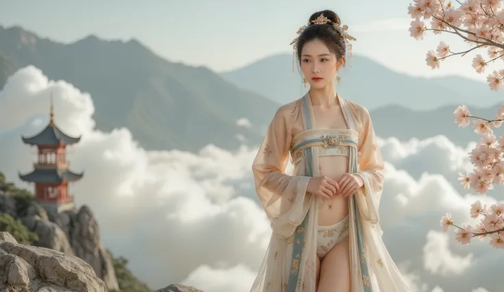 ,whole body，Vision， White clouds and mountains in the distance 、Tower and many people，Pink flowers，Cherry Blossom Tree，Hanfu woman,Phoenix crown、Exquisite embroidery、Wearing Hanfu pantyhose、Hanfu、Wear long-sleeved Hanfu、Transparent and clear、Look and、 show...