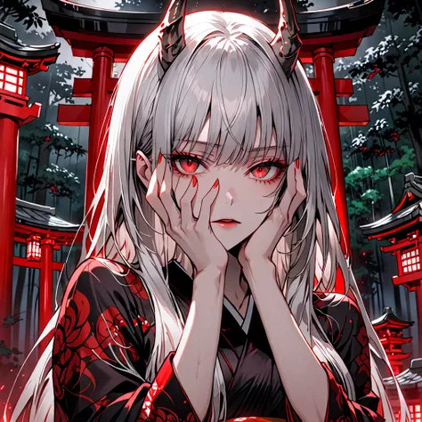 woman, Devils little horn,  dark luxurious kimono, Gray Hair, Long Hair,  medium chest,  clevis:0.3, red eyes, Night Forest, japanese shrine,  straight hair, feminine, From the waist up,  yandere, Madness, Madnessの笑み, Pathological Trance,   broad shoulders...