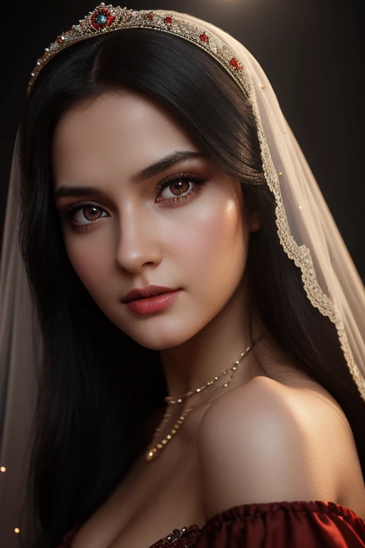 1girl, russian, jet black hair, brown eyes, pale fair skin, beautiful detailed eyes, beautiful detailed lips, extremely detailed face, princess, modest red gown, romantic, high quality, 8k, hyper detailed, photorealistic, studio lighting, cinematic, elegan...