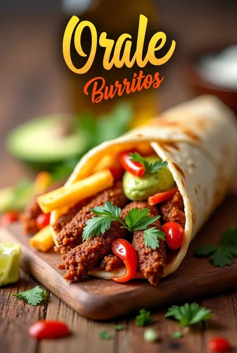  An advertising image for an Instagram post ,  of a burrito business and the name of the brand that is, GIVE HIM BURRITOS ,  that bears the name of the brand in the image that says,  in the image orale burritos , Just like that in Spanish . Let the burrito...