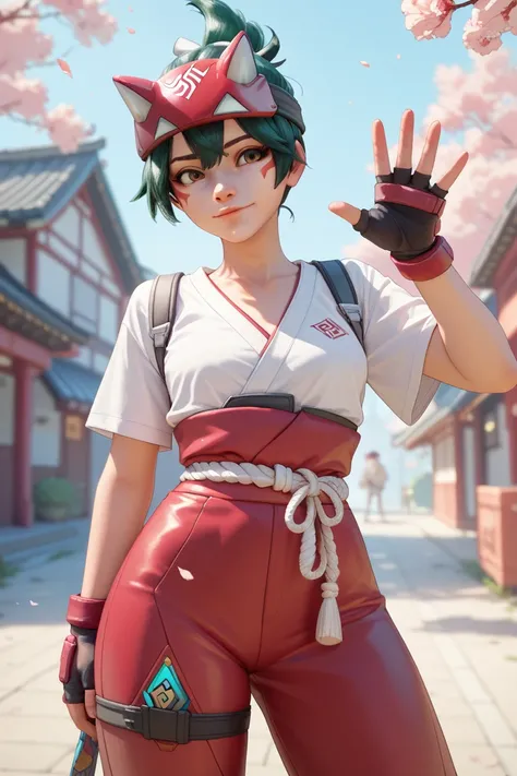 Create an emote featuring the face of the Overwatch character Kiriko waving like a hi