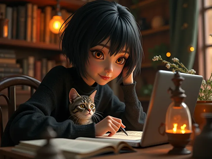 a beautiful witch with very short black hair studying books and on the computer in her witchs house and her cat next to her,  Anatomically correct ,  masterpiece ,  high quality,  messy hair, THOUGHTFUL,  Amber Eyes, thinking, gentle smile, happy/happy,  M...